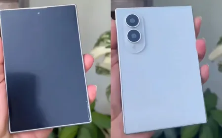 A non-functional prototype of Samsung's wide foldable device displays hinge engineering and chassis proportions.