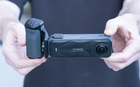 An action camera is fitted with a specialized grip accessory to improve handling during still photography.