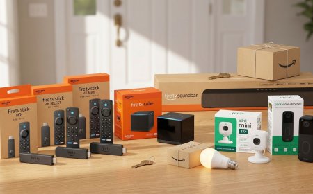 This graphic displays Amazon Memorial Day device discounts featuring smart home cameras and streaming players.