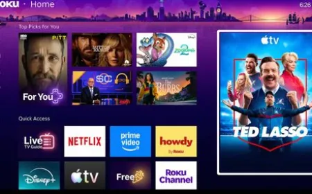 The updated Roku home screen interface displays streamlined navigation and consolidated subscription hubs.