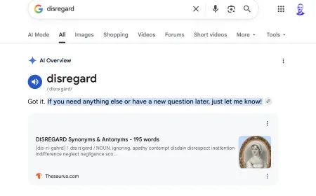 Google AI Overviews misinterpreting action queries as conversational prompts instead of generating search summaries