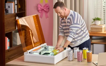 This modular desktop crafting machine has a swappable CMYK print head and laser engraving tool for paper, wood, and felt.