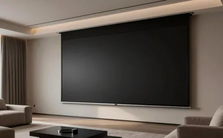 A motorized projection screen extends in a home theater, revealing its compact housing and taut surface.