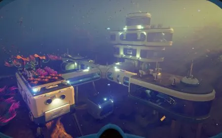 The screenshot displays underwater exploration scenes from Subnautica 2 that emphasize peaceful environmental storytelling.