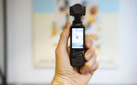 DJI Osmo Pocket 3 compact camera featuring a one-inch sensor and mechanical gimbal for stabilization.
