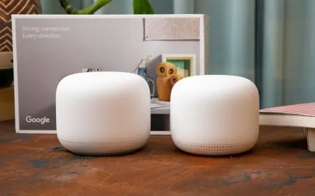 The Google Nest Wifi router and wireless point rest on a flat surface.