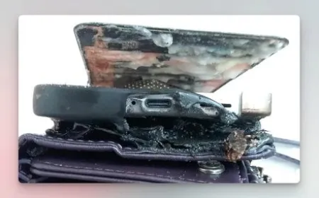 A Samsung Galaxy S25 smartphone shows battery damage and smoke following an overnight charging failure.