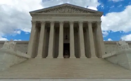 An Apple logo appears next to a Supreme Court building to illustrate a legal dispute over App Store fees.