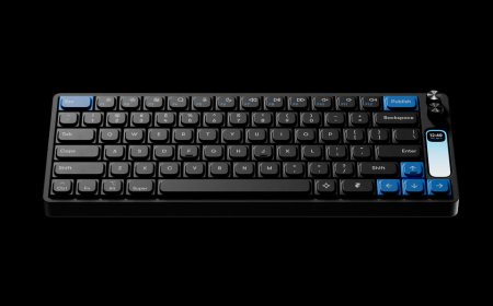 The Framer F1 keyboard displays live website metrics on its integrated screen.