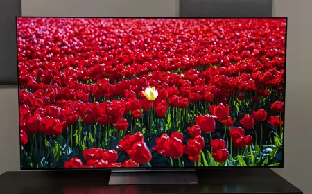 LG C6 OLED television displaying a sports broadcast with improved brightness and motion processing.