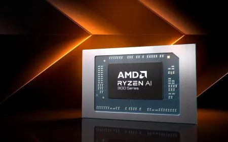 The AMD Ryzen AI 300 mobile processor chip features Zen 5 CPU cores and an XDNA 2 neural processing unit.