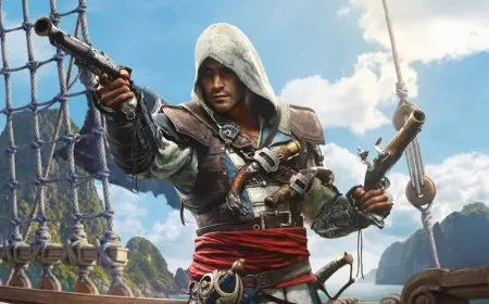 Edward Kenway stands on the deck of a pirate ship in the Caribbean.