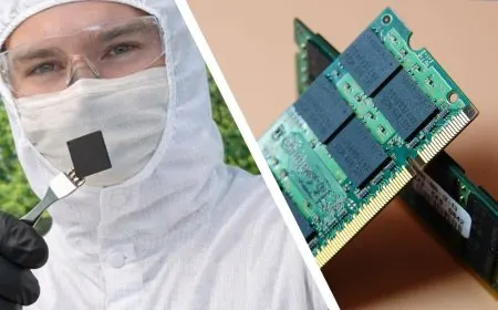 Stacked RAM modules rest on a green circuit board.