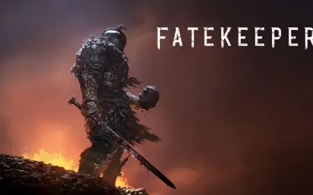 Gameplay screenshot of Fatekeeper showing first-person melee combat and spellcasting in a handcrafted environment.