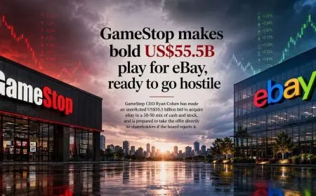 A graphic shows GameStop and eBay logos side by side on a financial news background.