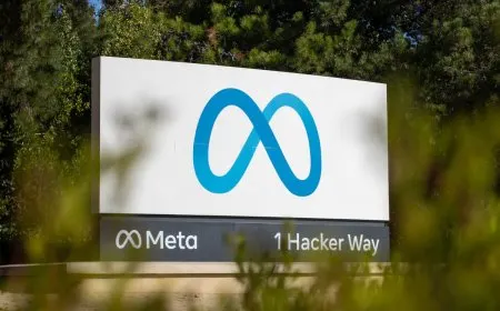 Meta corporate logo and office building exterior