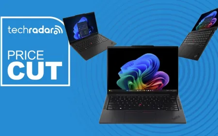 A lineup of Lenovo ThinkPad and ThinkBook 14 inch business laptops sits on a desk.