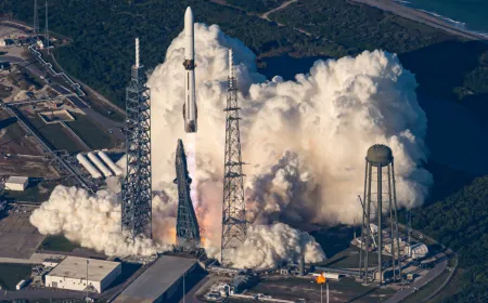 The damaged Blue Origin New Glenn rocket remains at the Florida launch site after a static fire test failure.