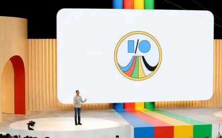Google I/O 2026 keynote stage displaying artificial intelligence updates and hardware reveals