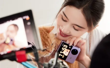 The Vivo X Flip foldable smartphone features a purple diamond-patterned back and a visible external display.