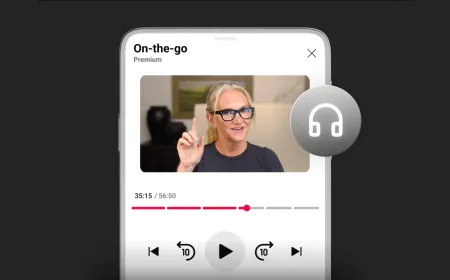 The screen displays YouTube podcast on-the-go mode with an audio-first layout and large playback controls.