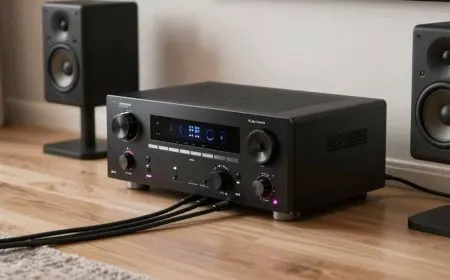 Home theater AV receiver displaying rear panel connections for multi-speaker audio and video signal routing.