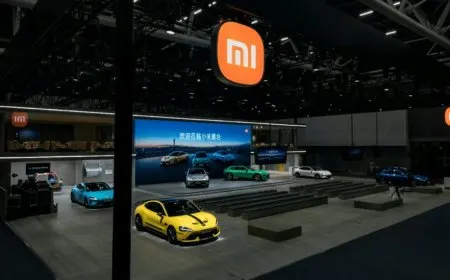 Xiaomi electric vehicle production facility exterior during routine operations.