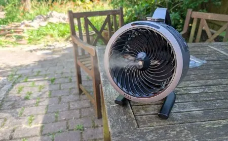The Shark FlexBreeze HydroGo portable fan features misting technology and directional airflow for indoor and outdoor cooling.