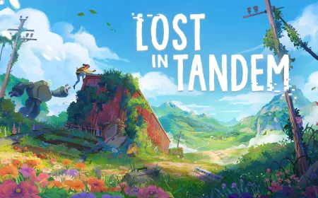 Hand-drawn promotional art for the cooperative puzzle adventure Lost in Tandem, highlighting its July release.