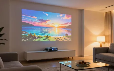 Ultra-short-throw projector positioned directly beneath a large display screen in a modern living room.