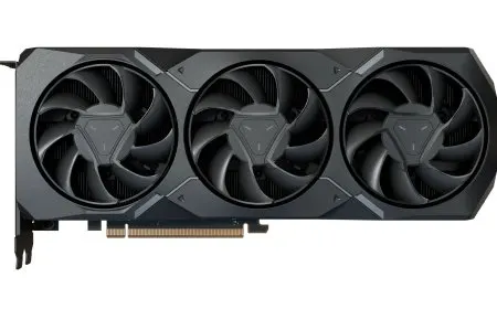 The AMD Radeon RX 7900 XT graphics card features a dual fan cooling design and a sturdy metal backplate.