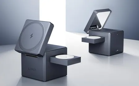 Anker three-in-one MagSafe charging station with foldable iPhone pad, Apple Watch cradle, and AirPods charging zone.