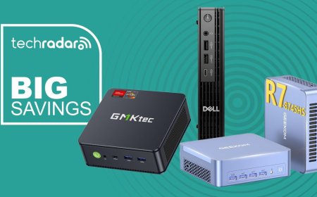 Collection of compact desktop computers from Dell, Geekom, and GMKtec