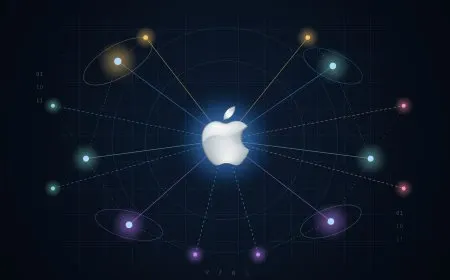 Apple laptop displayed alongside technology market analysis graphics and artificial intelligence interface
