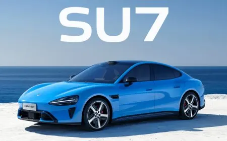 The updated Xiaomi SU7 electric vehicle is displayed at a spring product event highlighting refined design features.