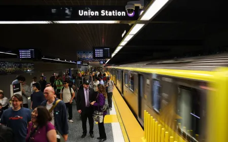 A schematic map of the Los Angeles transit network highlights recent cybersecurity incidents.