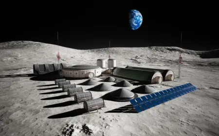 Astronauts assemble a lunar base using dropped plastic, metal, and glass components.
