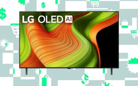The seventy-seven inch LG B5 OLED television is shown on a stand.
