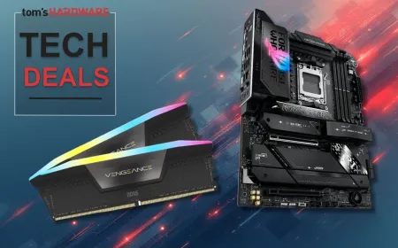 A Corsair Vengeance DDR5 memory module and an Asus motherboard are packaged together for AM5 desktop builds.