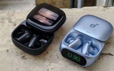 Soundcore Liberty 5 Pro and Liberty 5 Pro Max earbuds displayed next to their respective charging cases.