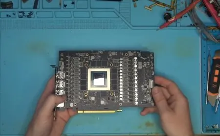 A detailed view of an Asus ROG Strix RTX 4090 graphics card resting on a technician workbench.
