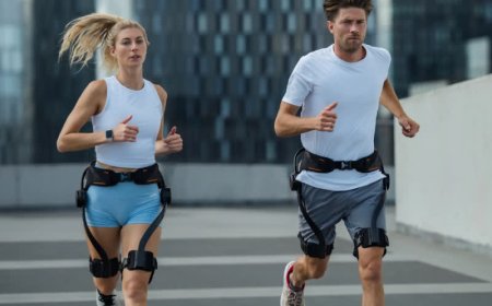 The device features a waist belt connected to hinged thigh braces and carbon-fiber linkages powered by hip-mounted motors.