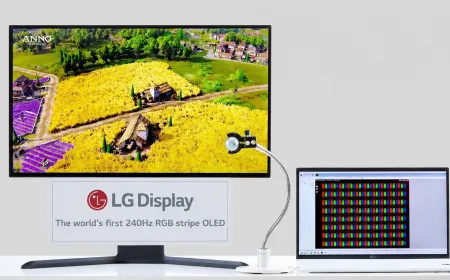 This image displays an LG Display RGB Stripe OLED panel prototype with a 240 Hz refresh rate for premium monitors.
