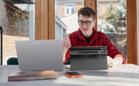 Acer tablets and gaming peripherals are arranged on a display table at Computex 2026.
