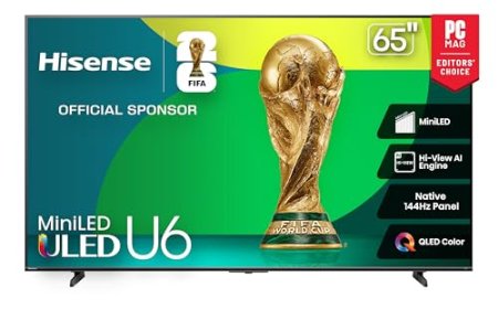A seventy five inch Mini LED television displays a vibrant landscape on its screen.