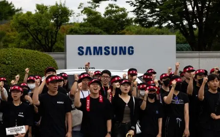 Samsung semiconductor workers and union representatives meet after reaching a tentative wage agreement.