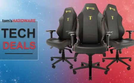Gaming desk with ergonomic chair and workspace accessories displayed in a home office.