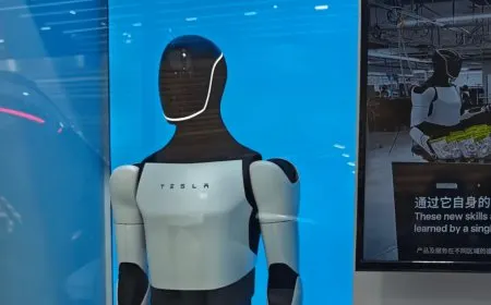 Tesla displays its third-generation humanoid robot alongside the Cybertruck at the AWE 2026 Shanghai exhibition.