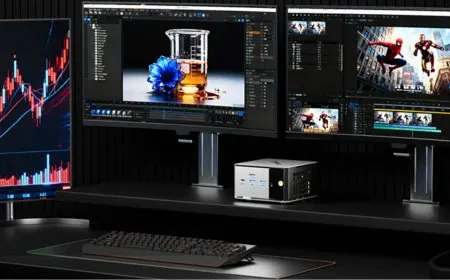 The GMKtec NucBox M8 mini PC displays a compact metal chassis and rear I/O ports.