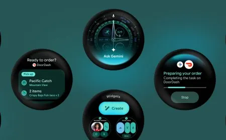 Smartwatch screen displaying the Wear OS 7 interface with fitness tracking metrics and dynamic widgets.